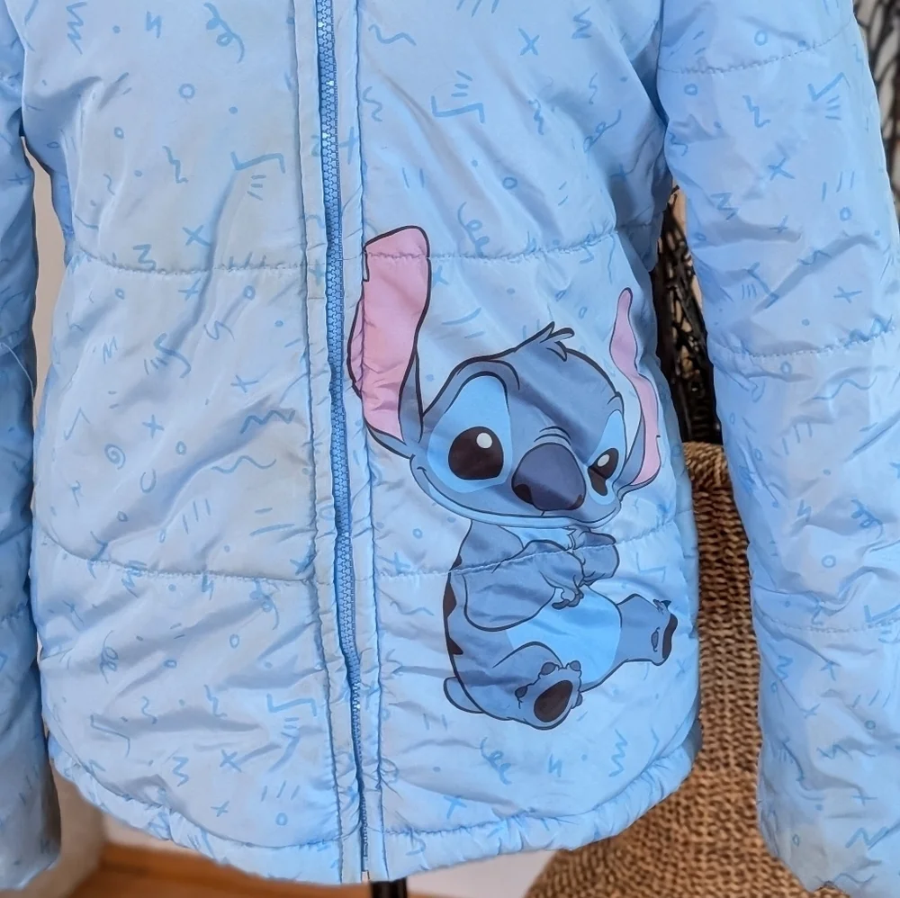 Disney Stitch Puffer Jacket Youth Sz 14/16 Blue Hood‎ Winter Coat Lilo & Stitch